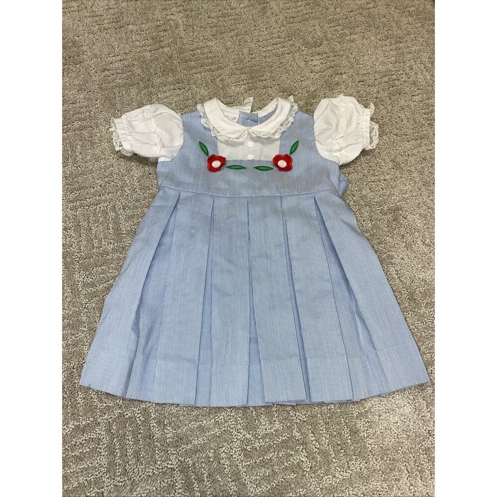 Vintage Winnie the Pooh for Sears blue White Stripped Red Flowers dress size 2T